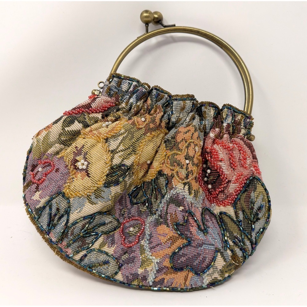VTG Floral Beaded Tapestry Purse Double Clasp brass Handle Special Occasion Boho